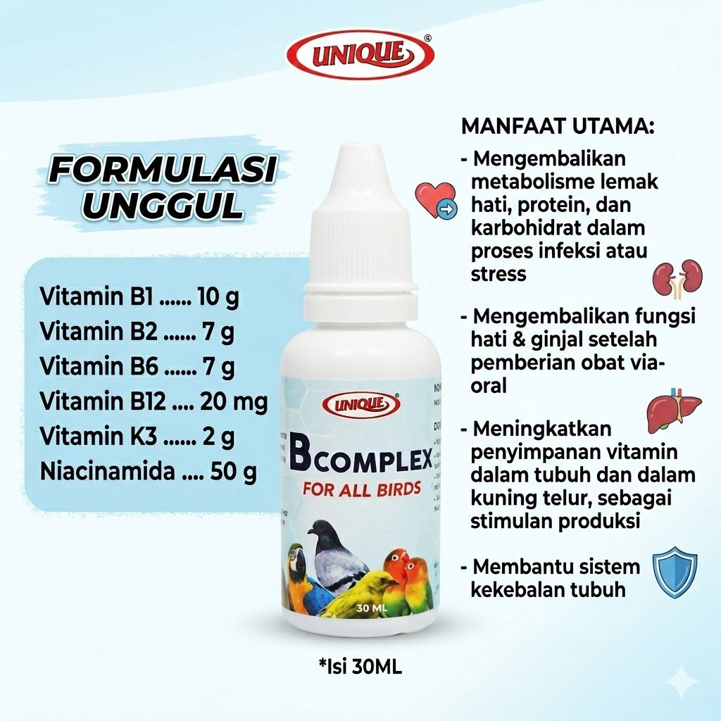 Vitamin B Complex Unique 30 Ml Vitamin Burung Penambah Nafsu Makan Vitamin B Kompleks Cair