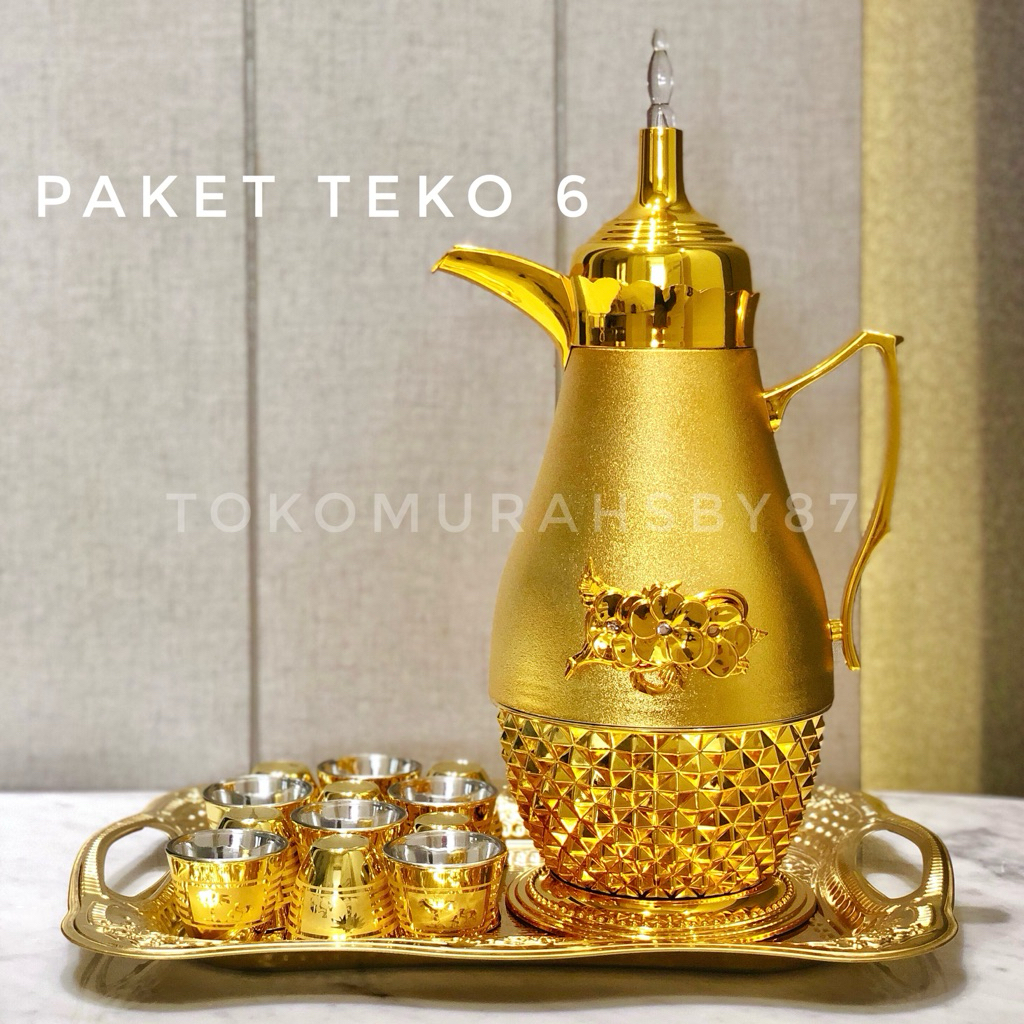 Set Teko Thermos Arab zam-zam Premium Gold + gelas + nampan untuk Haji dan Umroh