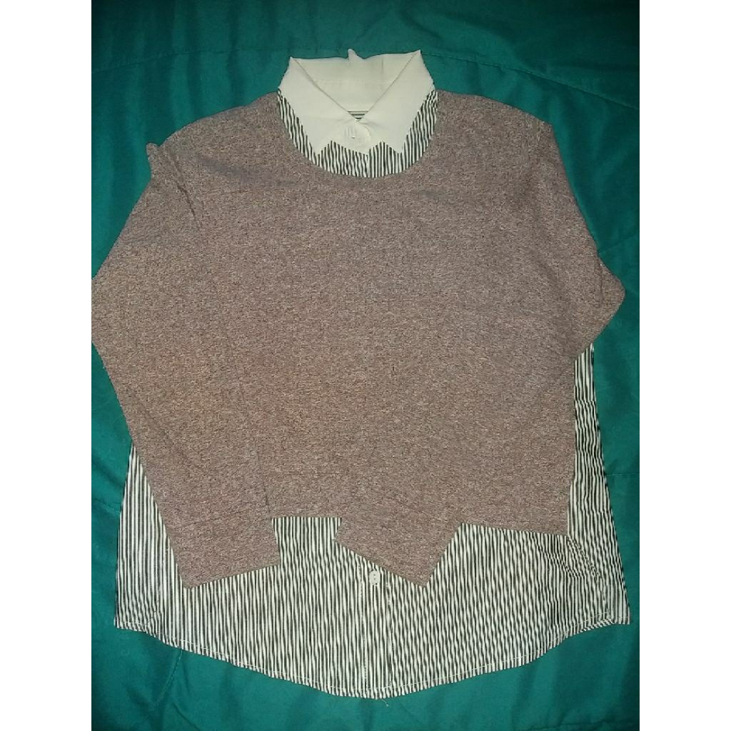 Preloved By NONaBelln Kemaja Mix Sweater Wanita Garis Coklat tekstur