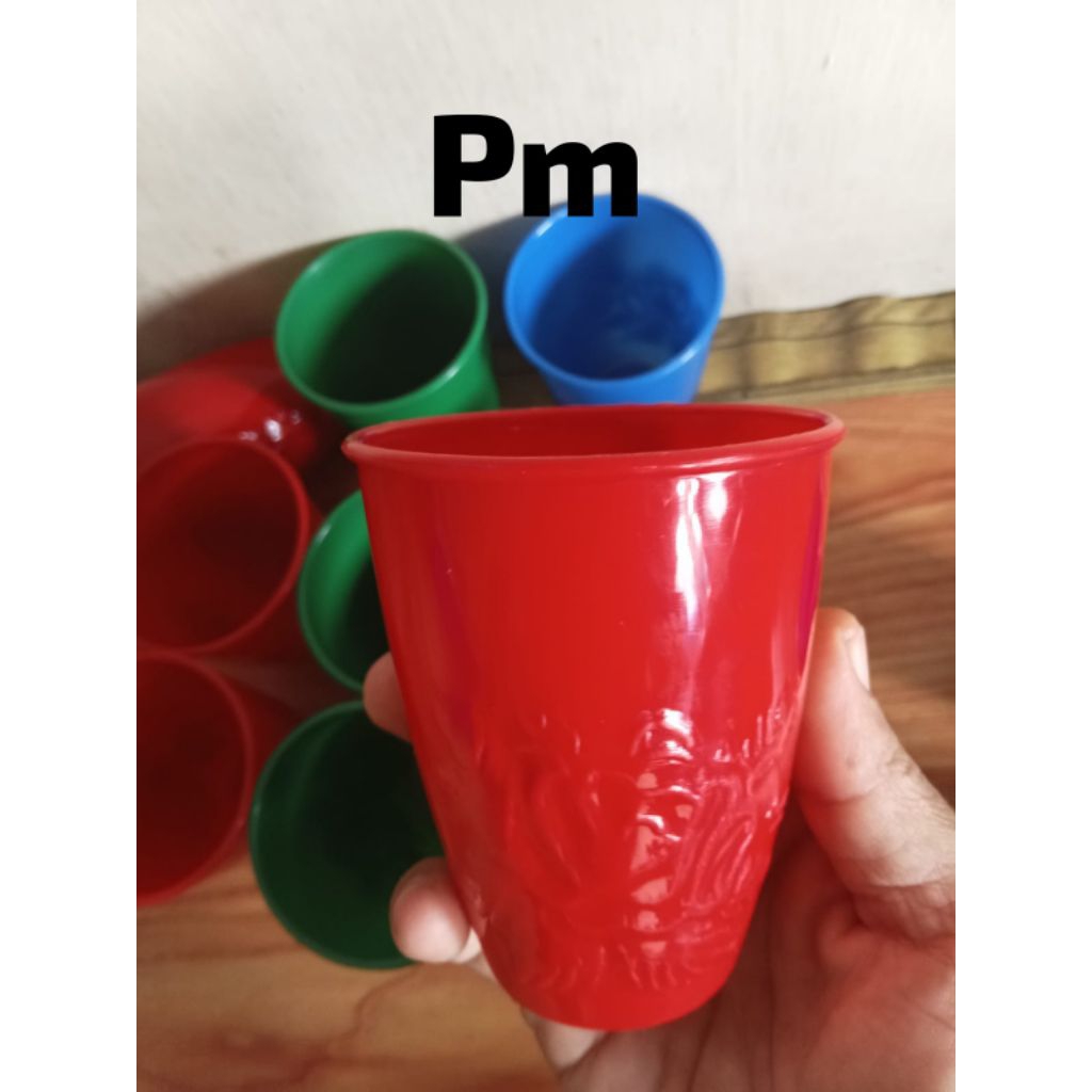 pm... gelas plastik warna, gelas jamu, gelas kopi, gelas motif bunga per lusin