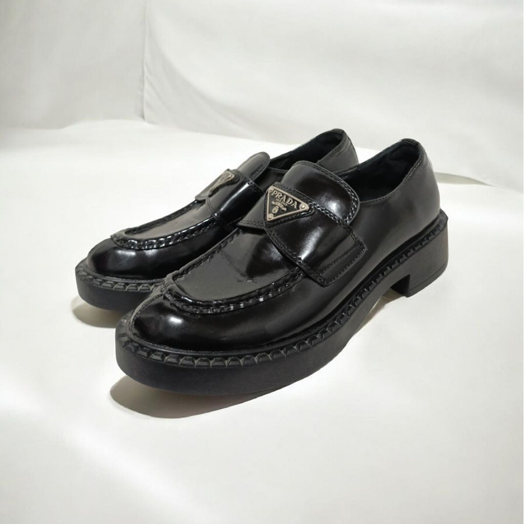Prada Brushed Patent Leather Pointy Monolith Black Loafers original
