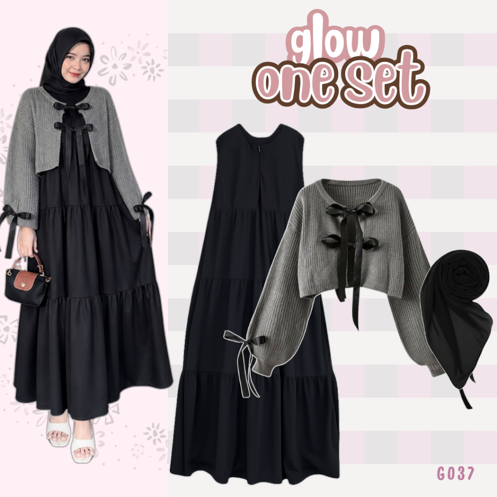 Setelan Wanita Kekinian (Sweater Ribbon + Inner Dress Ruffle + Hijab Bella Square) One Set Hijab Kor
