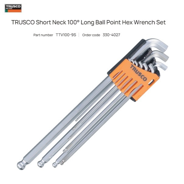TRUSCO Short Neck 100 Degree Long Ball Point Hexagonal Wrench with catcher ball Set 9 Pcs TTV100-9S