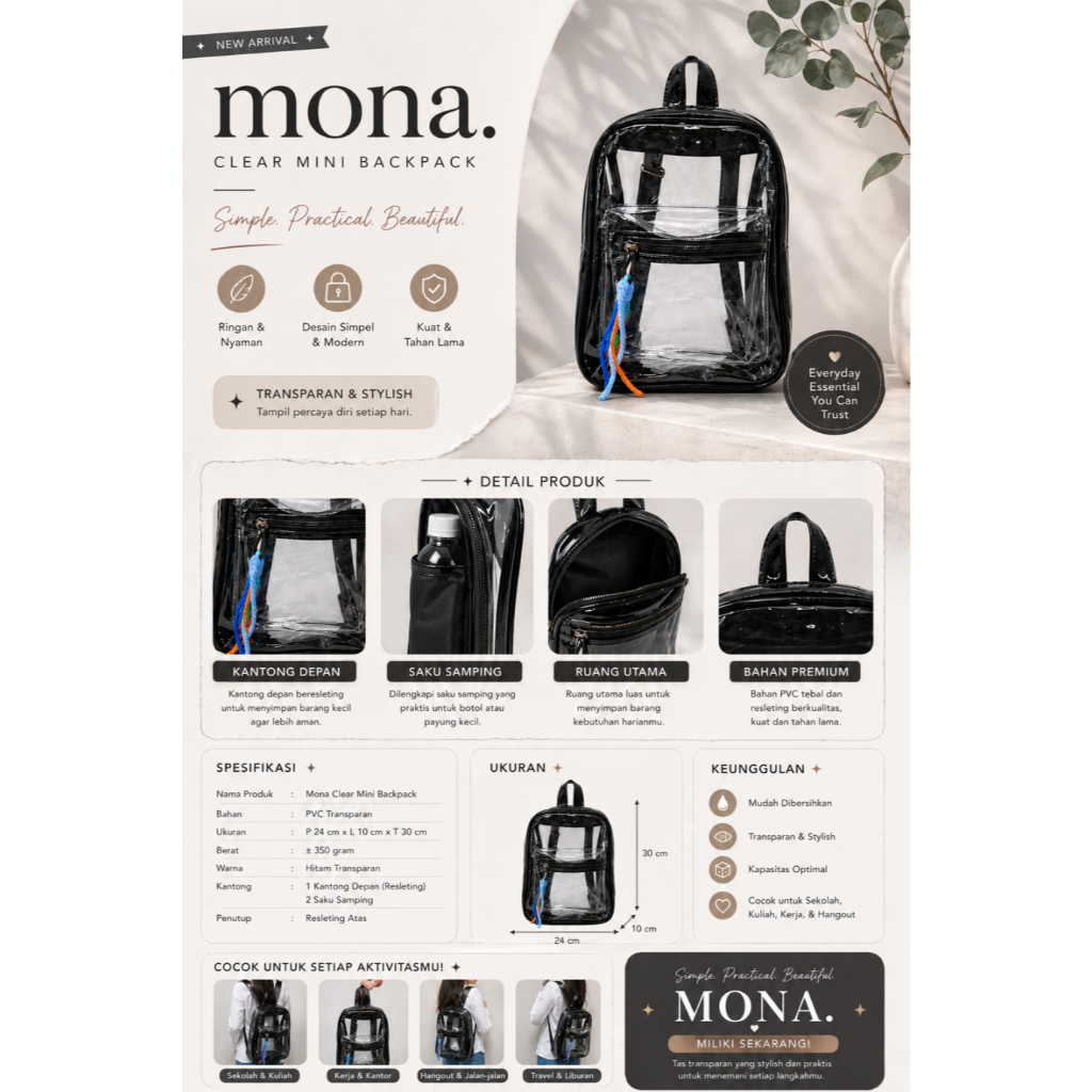 HANAPI - Tas Ransel Mini Mona Wanita Transparant Tas Gendong Mika Korean Style Tas Konser Lucu