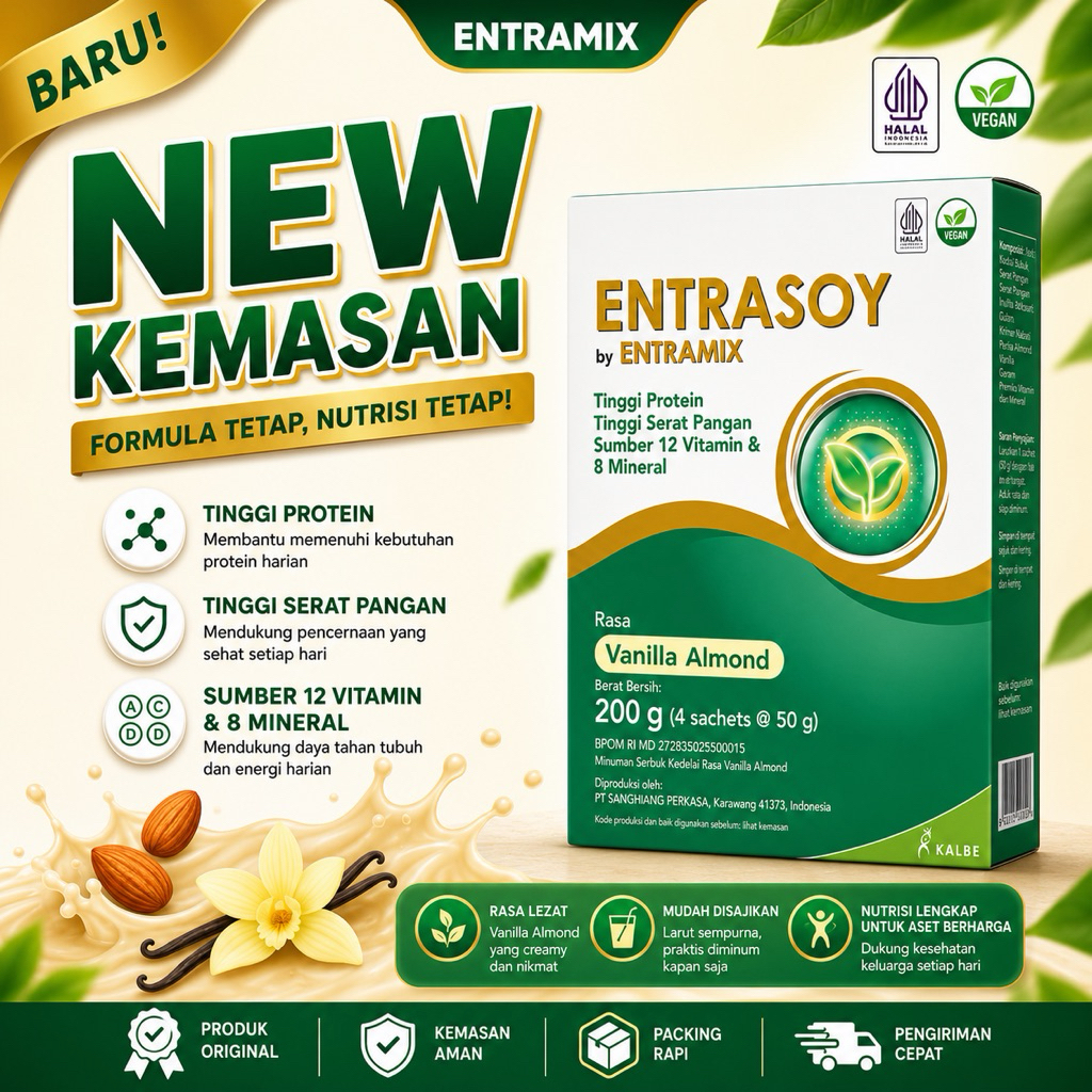 ENTRASOY VANILLA ALMOND SOYA 200 GR | SUSU NUTRISI DEWASA TINGGI PROTEIN SERAT
