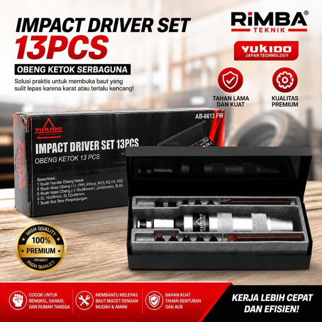 Yukido Obeng Ketok Putar Set Mata 13 pcs Gagang Karet Impact Driver Set Kualitas Terbaik