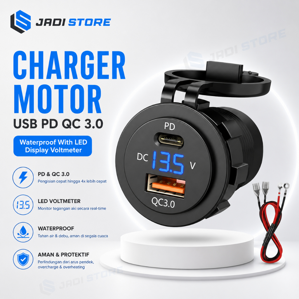 OTOHEROES USB Charger Motor 2 Port 4.2A Y451 dengan LED Voltmeter Display Waterproof Charger HP Moto