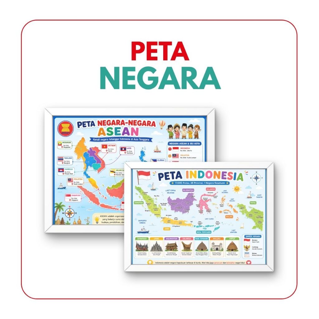 Poster Peta Indonesia dan ASEAN A3 Laminasi | Poster Edukasi Geografi Anak SD TK