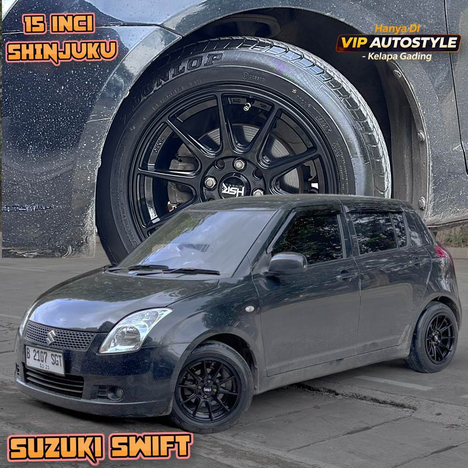 Modifikasi Velg Racing Suzuki Swift R15 "lebar 7/8" Type SHINJUKU Black Glossy - HSR Jakarta Utara