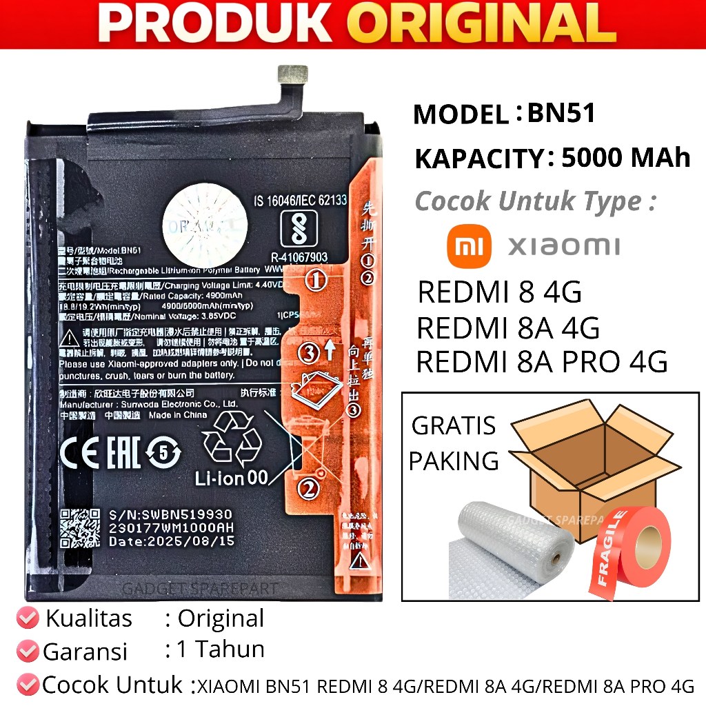 BATERAI XIAOMI REDMI 8 4G / XIAOMI REDMI 8A 4G /REDMI 8A PRO 4G /BATERAI XIAOMI BN51