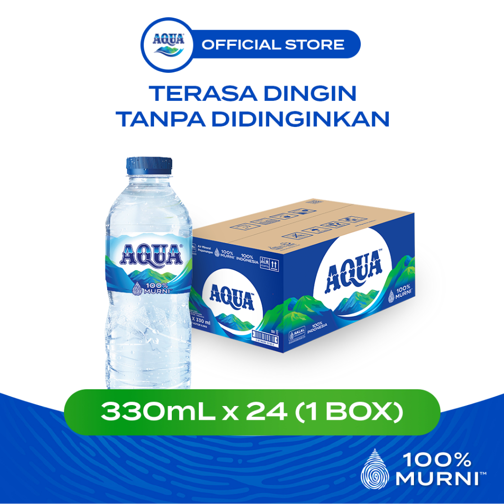 AQUA Air Mineral 330mL x 24 Botol (1 Box), AQUA Botol Kecil, 100% Murni