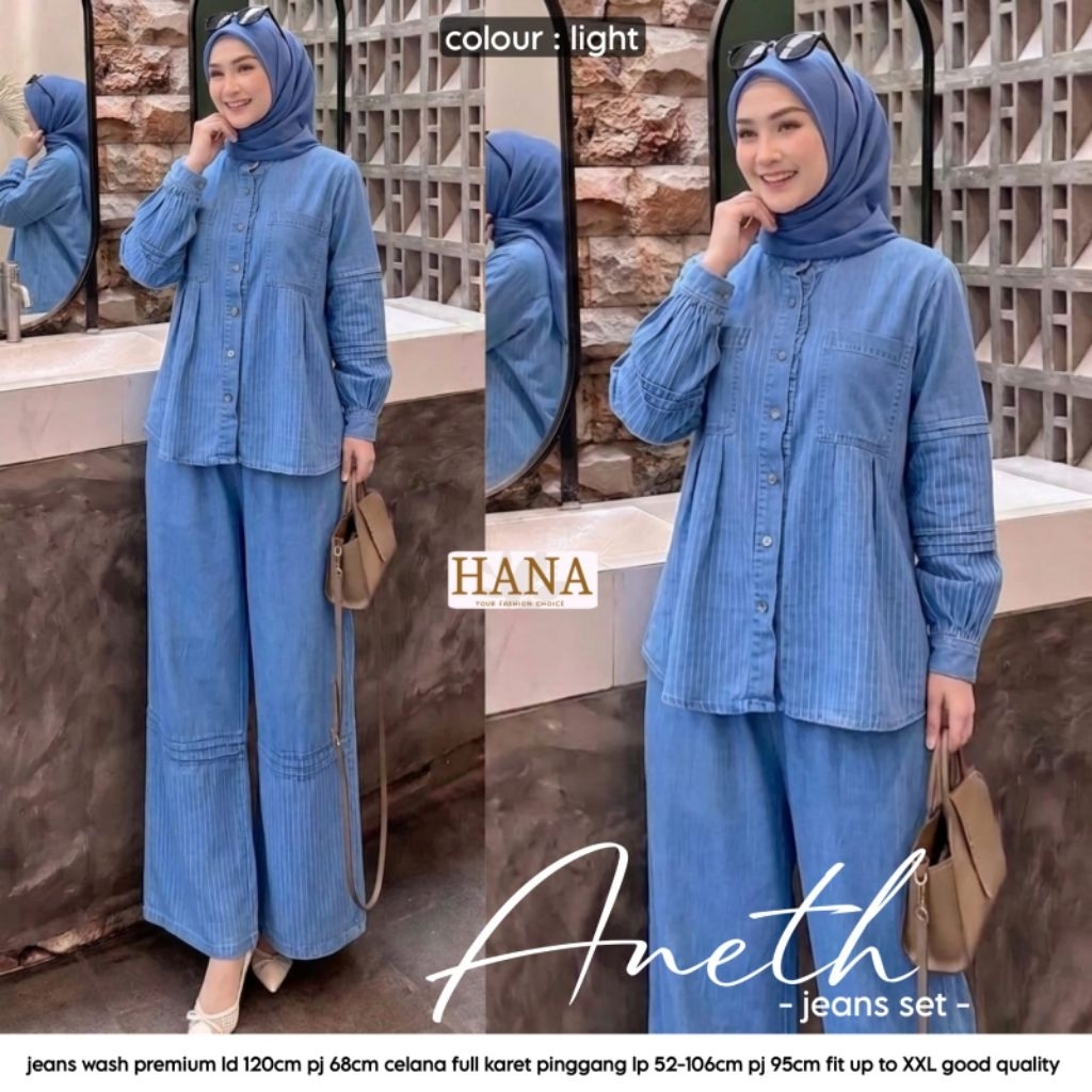One Set Jeans Wash Premium Kemeja Kulot Setcel Denim Salur Kekinian Fit to XXL Aneth Jeans Set