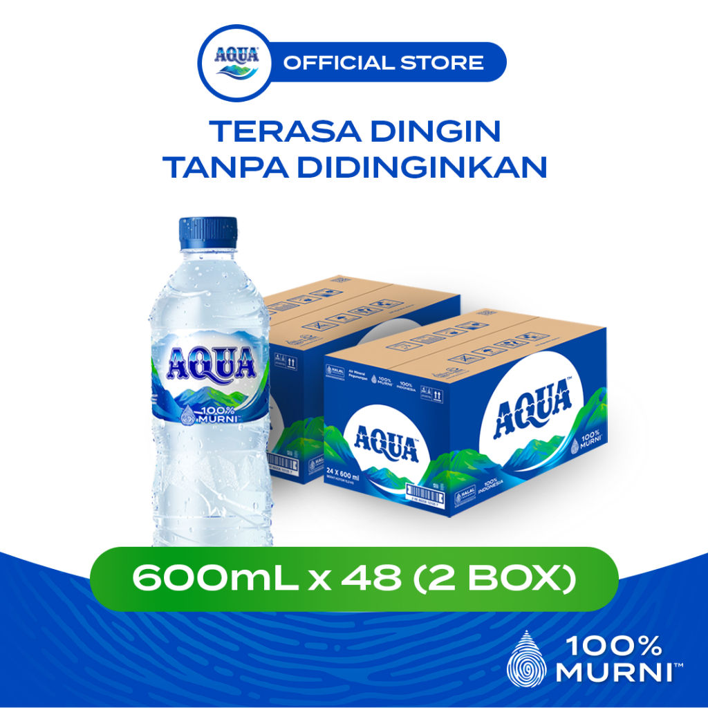 AQUA Air Mineral 600mL x 48 Botol (2 Box), AQUA Botol Sedang, 100% Murni