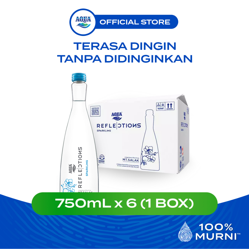 AQUA Reflections Air Mineral 750mL x 6 Botol (1 Box), AQUA Botol Kaca Besar, 100% Murni