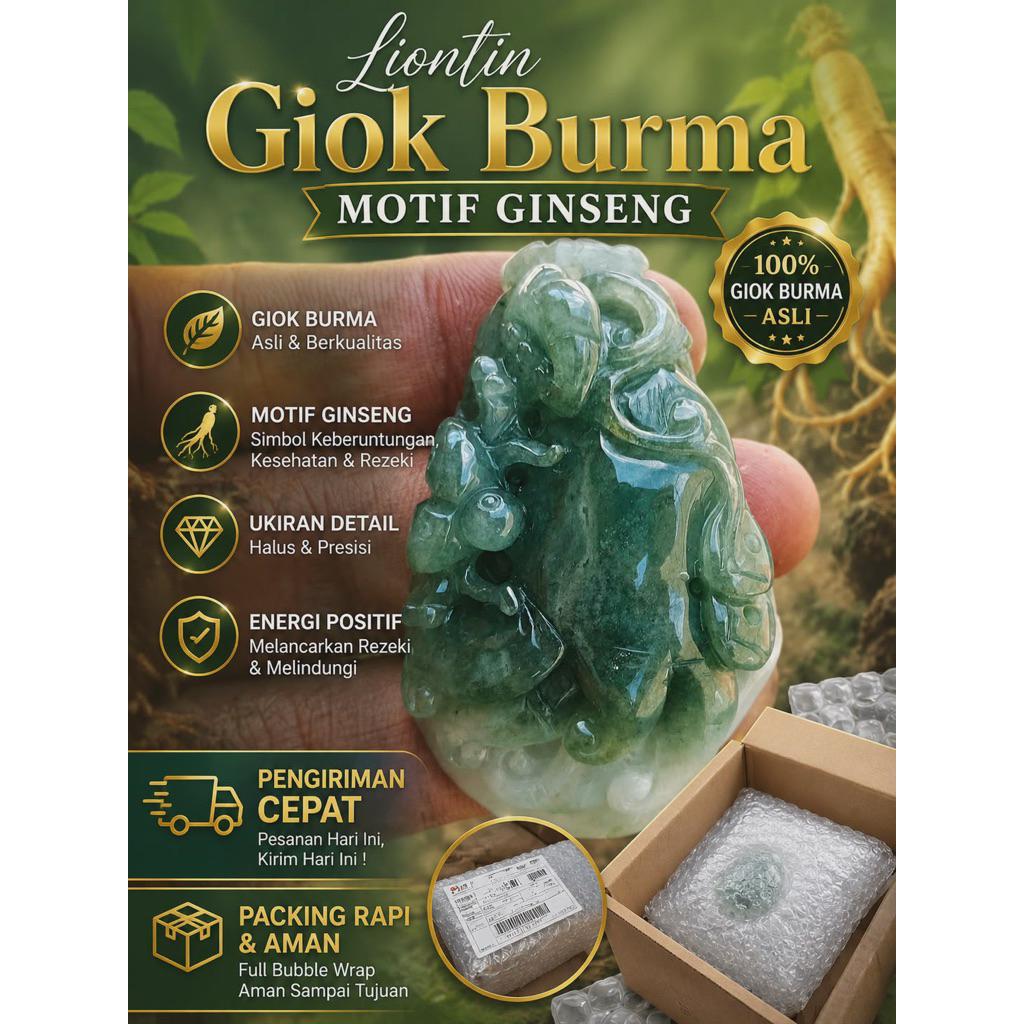 Liontin Giok Burma Asli Motif Ginseng Batu Giok Hijau Pembawa Rezeki