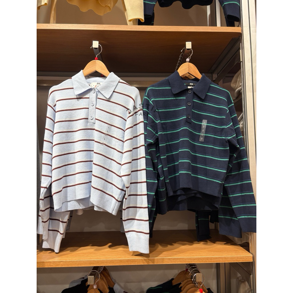Sweater Polo Katun Lembut Wanita Garis Uniqlo