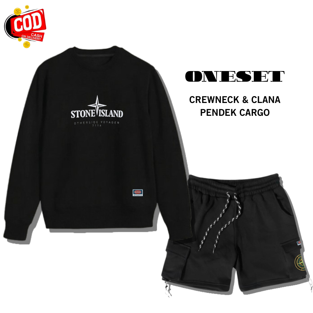 Stelan Oneset Crewneck Switer Dan Celana Pendek Cargo Pria Wanita Distro Setelan Sweater Cruneck Cel