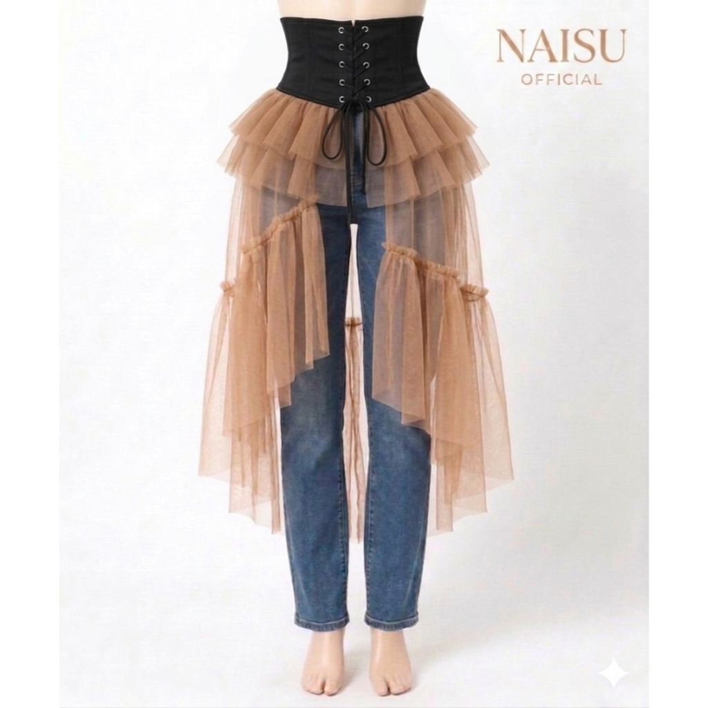 Naisu Rok wanita tutu corset hitam skirt tille panjang 90cm