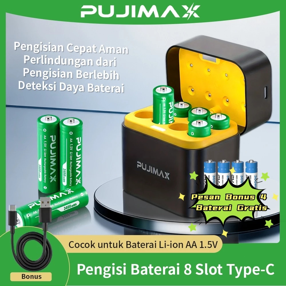 Bonus 4 Baterai + Kabel USB PUJIMAX Charger Baterai AA 8 Slot Type-C Lithium 1.5V Perlindungan Overc
