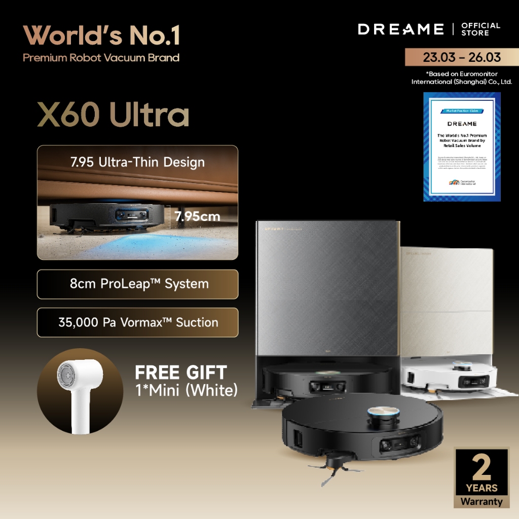 [World's No.1 Premium Robot Vacuum] Dreame X60 Ultra Robot Vacuum | 7.95cm Ultra-Thin Flagship | 36,