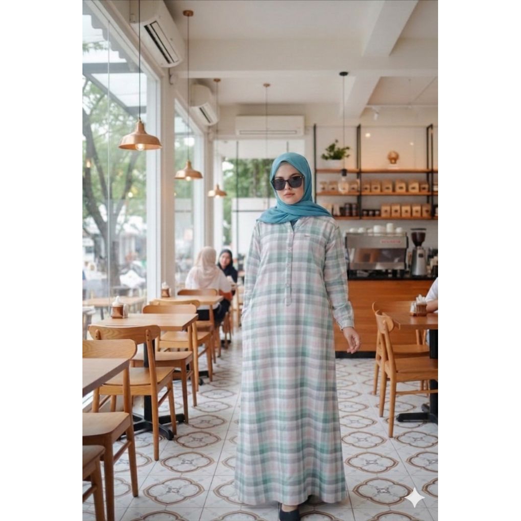 Gamis Katun triset dres katun triset motif kotak salur