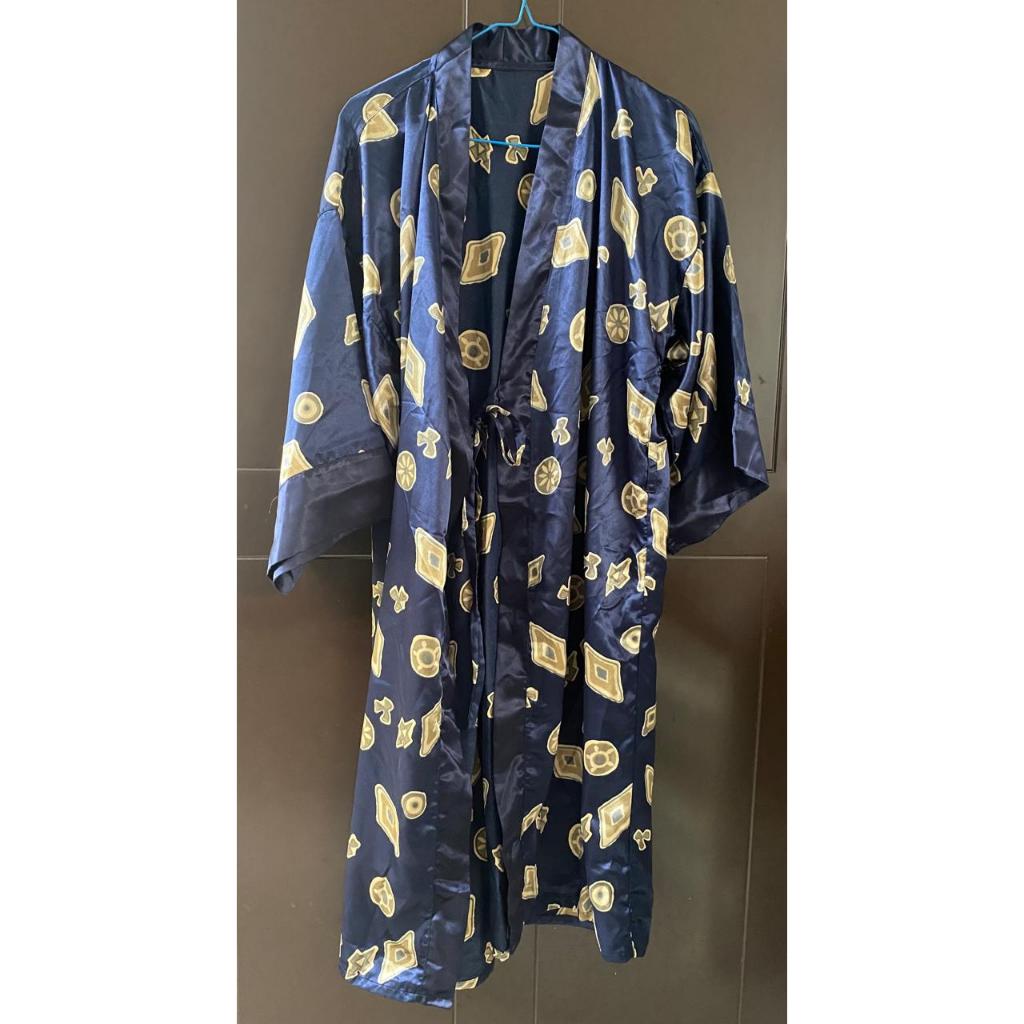 KIMONO SILK SATIN BIRU TUA –- PRELOVED LIKE NEW