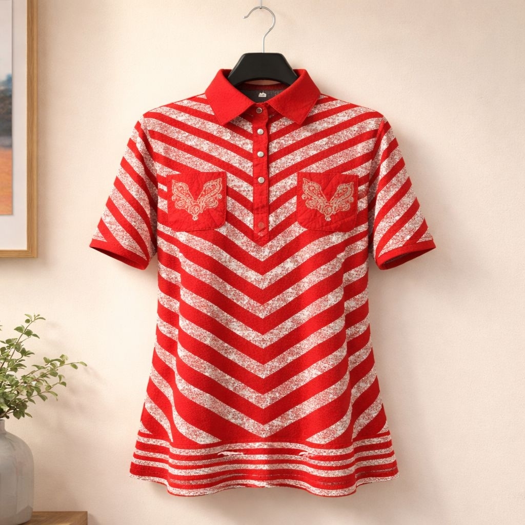 Kaos Polo Olahraga Kim Su Yun - Atasan Sport Wanita Motif Herringbone Red White - Like New
