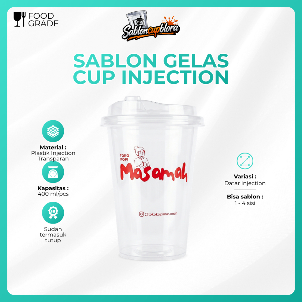 Sablon Gelas Cup Injection 400ml Datar Custom Gelas Minuman Anti Tumpah Premium Free Desain