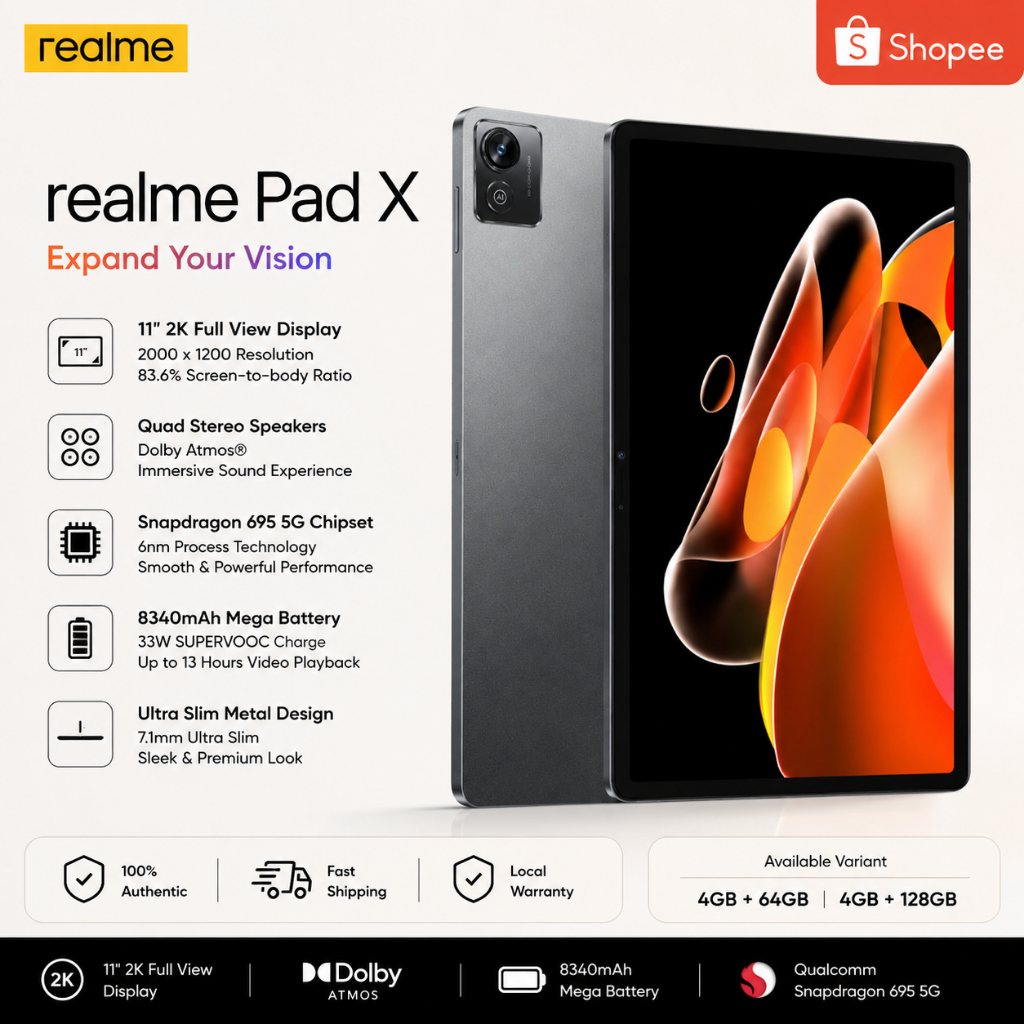 Realme Pad X LITE Andriod Tablet Snapdragon 865 16GB + 512GB 10.1 Inch | Dual SIM WiFi 2.4/5G