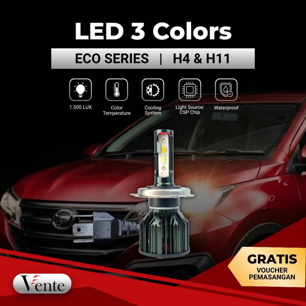 VENTE Lampu LED Mobil 3 Colors Eco Series H11 H4 HB3 3000K-6000K Adjustable Fan Cooling