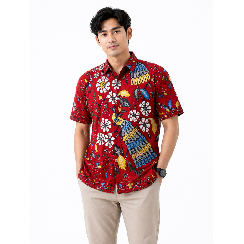 Hem Batik Pria Motif Merak Melati Regular Fit Lengan Pendek Premium