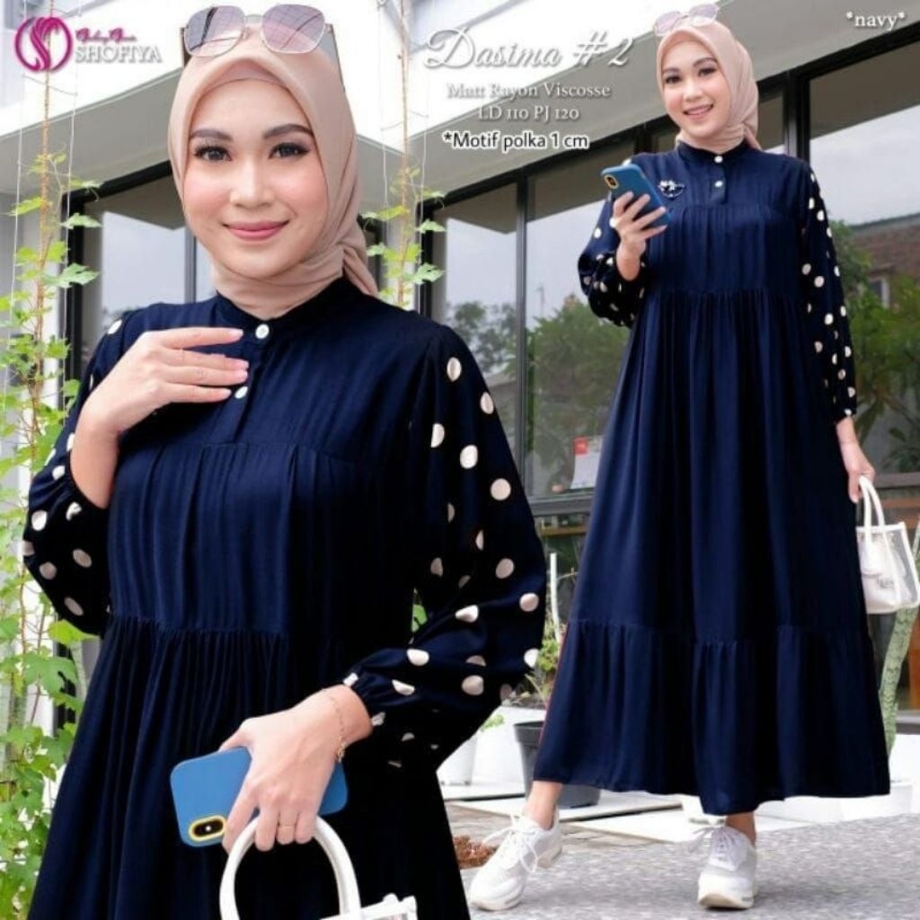 Midi dress polkadot gamis rayon motif polka kombinasi polos gamis busui kekinian