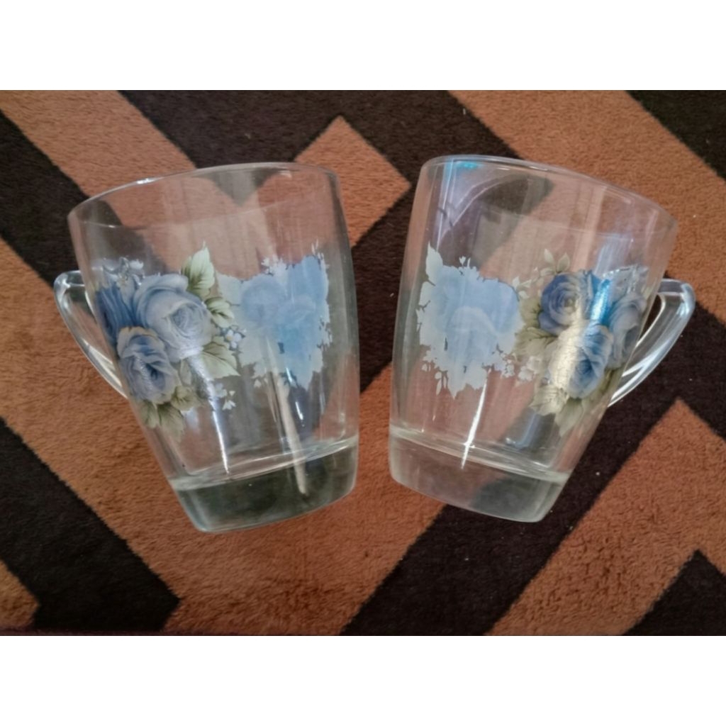 Gelas Kaca Motif Bunga Gardenia Biru Bening