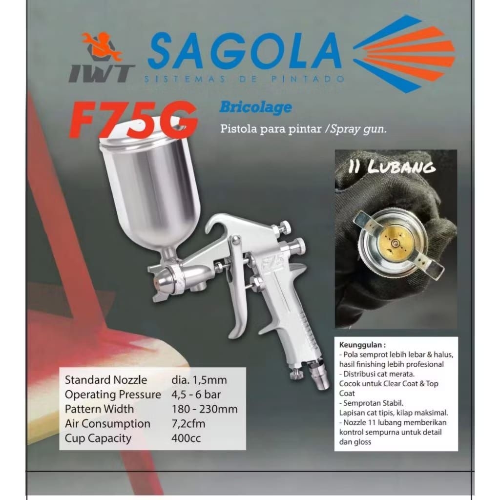 Spray Gun Sagola F75G IWT Tabung Atas 400ML Spray Gun F75G Sagola IWT