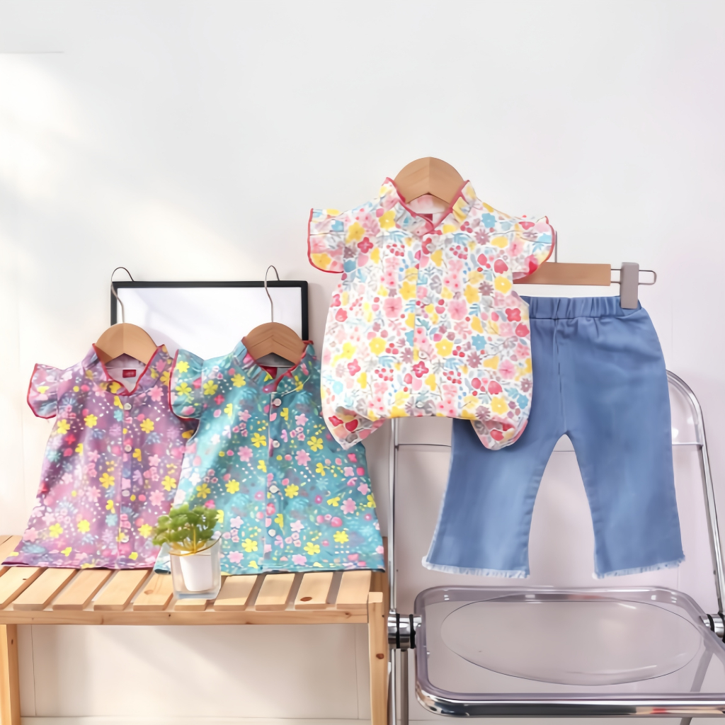 JoyfulTots Setelan Anak Perempuan Atasan Floral Gaya Korea Celana Jeans Kasual Anak Set Dua Potong
