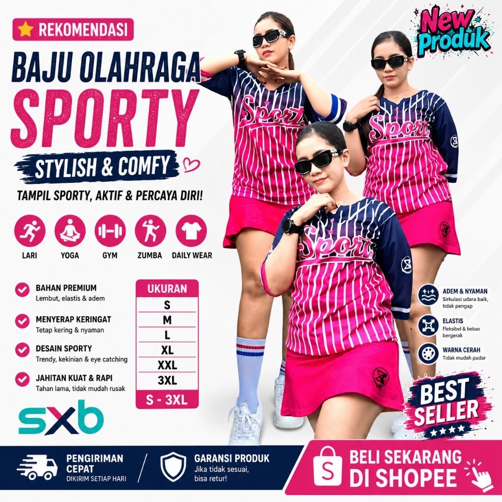 ATASAN BAJU OLAHRAGA SENAM WANITA AEROBIC SXB SPORT SHORT SLEEVE LENGAN PENDEK T-SHIRT