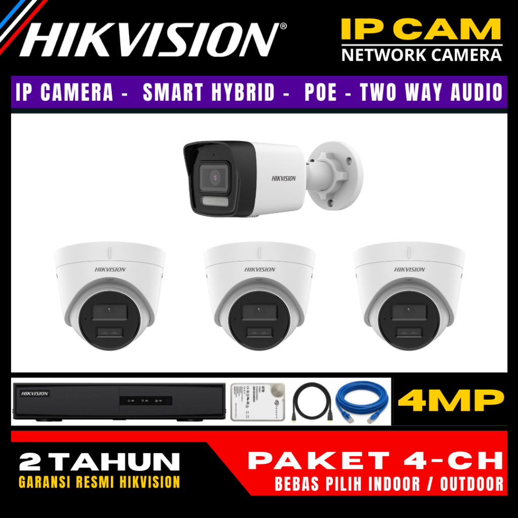 paket cctv hikvision ip camera 4mp two way audio 4 channel 4 kamera ip camera cctv