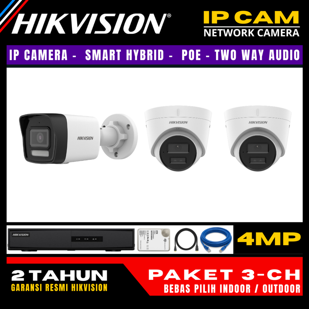 paket cctv hikvision ip camera 4mp two way audio 4 channel 3 kamera ip camera cctv