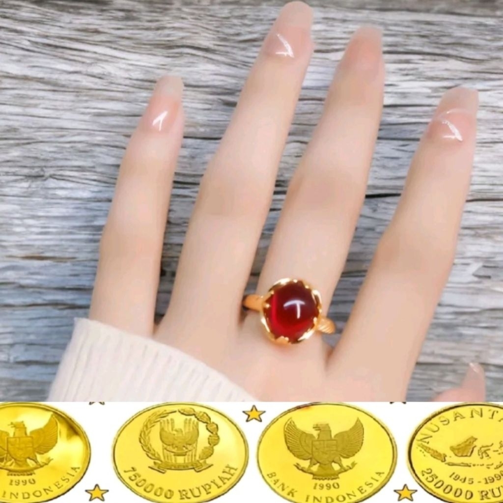 Perhiasan wanita cincin permata merah koin logam