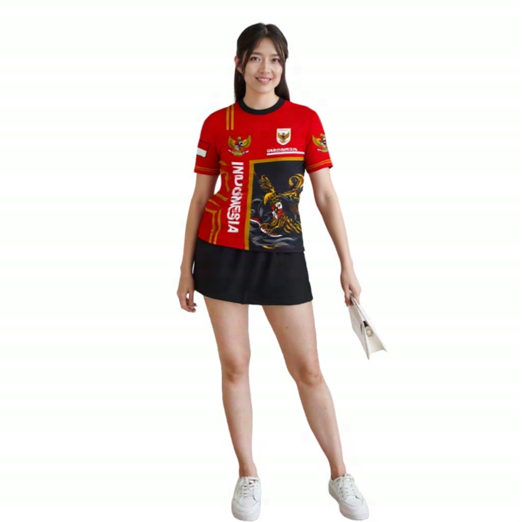 Kaos Merah Putih Indonesia Motif Garuda Hitam Kuning Model Wanita Pendek