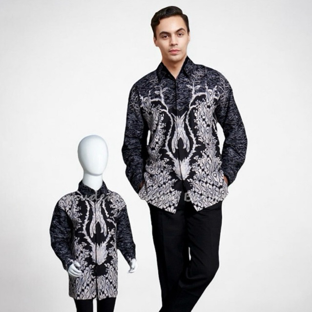 BATIK HITAM PUTIH,Kemeja Batik Couple Ayah dan Anak lapisan furing katun hero warna hitam putih