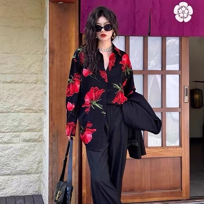 Kemeja Wanita Silk Corak Wanwan 2006 Bunga Marble Satin Lembut Fashionable Import Bangkok