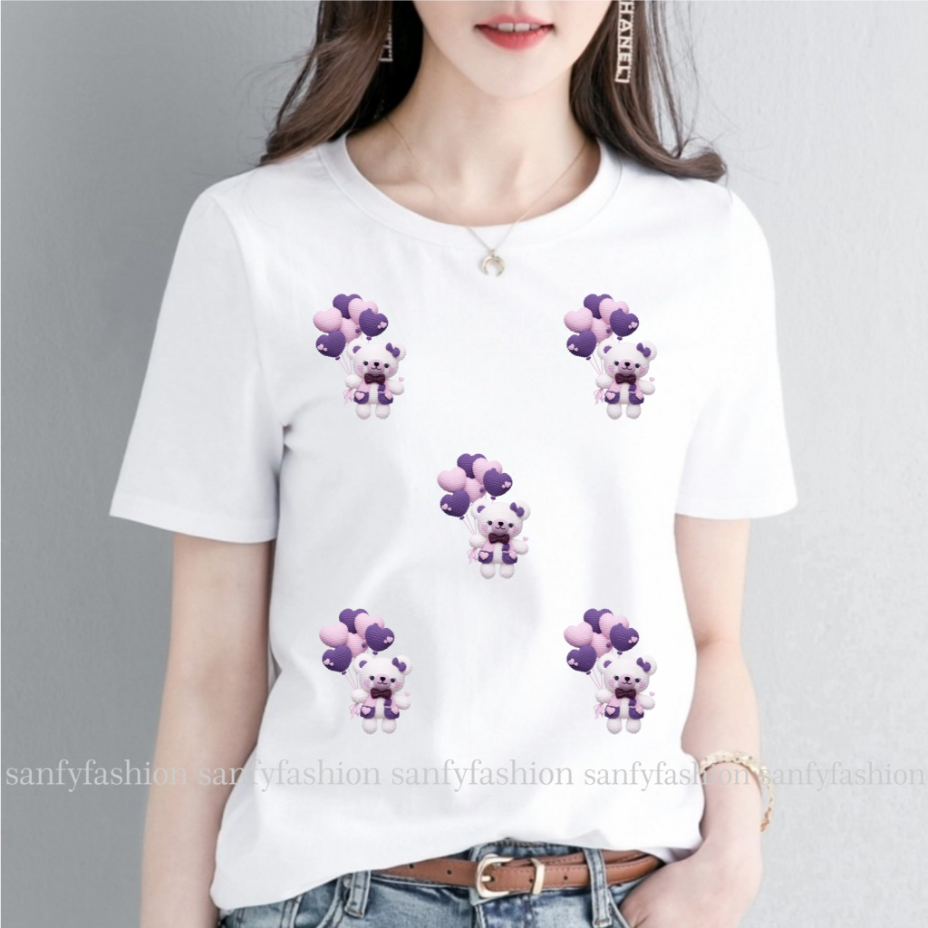 Baju kaos wanita Gambar Beruang dan Balon /Atasan Wanita Lengan Pendek/ kaos oblong Pria Wanita Terb
