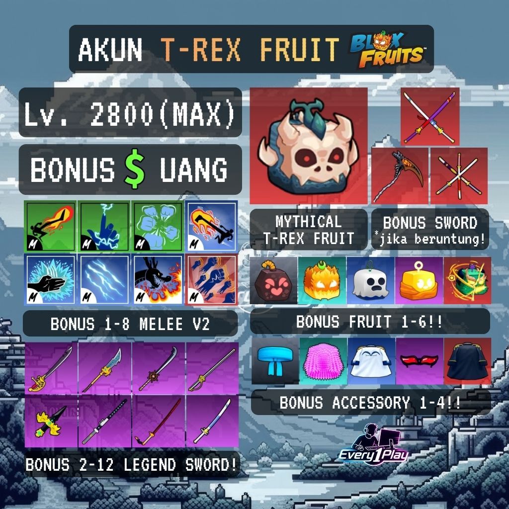 Akun Blox Fruit T REX Level Max - Akun Blox Fruit Roblox