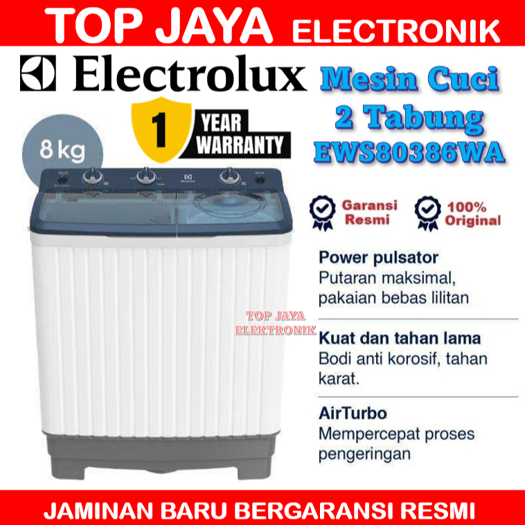 MESIN CUCI ELECTROLUX 2 TABUNG 8 KG EWS80386WA/ELECTROLUX MESIN CUCI 8KG 2 TABUNG NEW SERIES