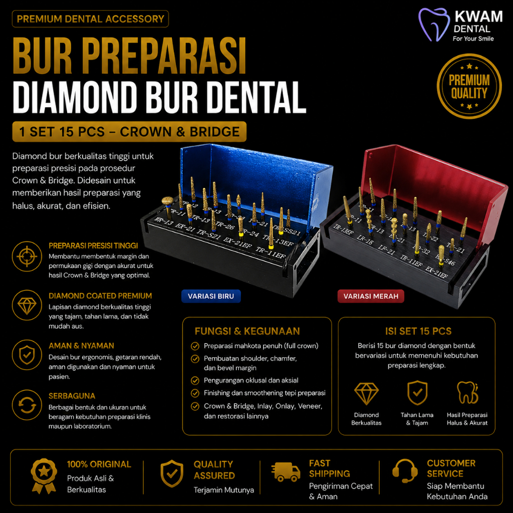 Bur Preparasi Diamond bur Dental 1 set 15 pcs Crown dan Bridge