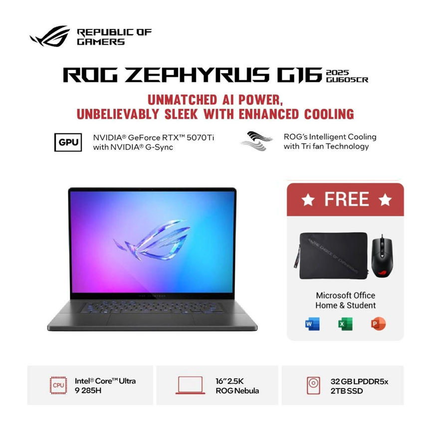 Asus ROG Zephyrus G16 GU605CR-I9NT7OL6G-HM Intel Core Ultra 9 285H RTX5070 Ti 12GB - Ram 32GB 2TB WI