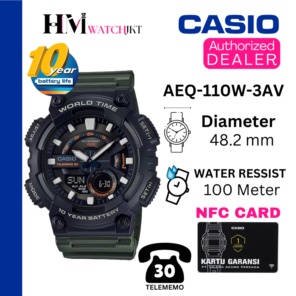 CASIO AEQ-110W-3AVDF Jam Tangan Pria Original Analog-Digital Rubber Antiair AEQ-110W-3AV AEQ-110