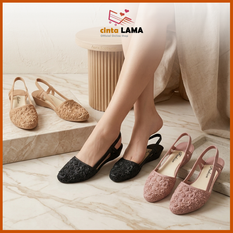 Sepatu Heels Wanita Motif Mawar Elegant Low Heel Tali Woman Slip On Mules Import Bahan PVC SPT-75