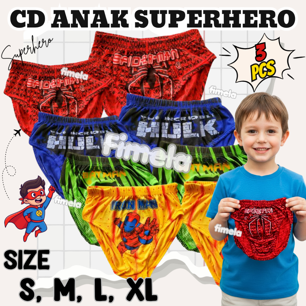 3 PCS CD Celana Dalam Anak Cowok Superhero / Celana Dalam Anak Laki-Laki TK SD